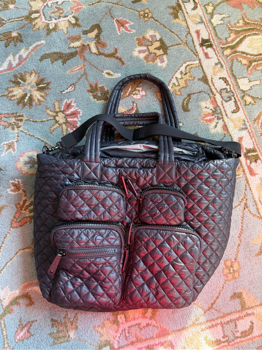 MZ Wallace Quilted Tote in Deep Burgundy/Black metro travel tote
